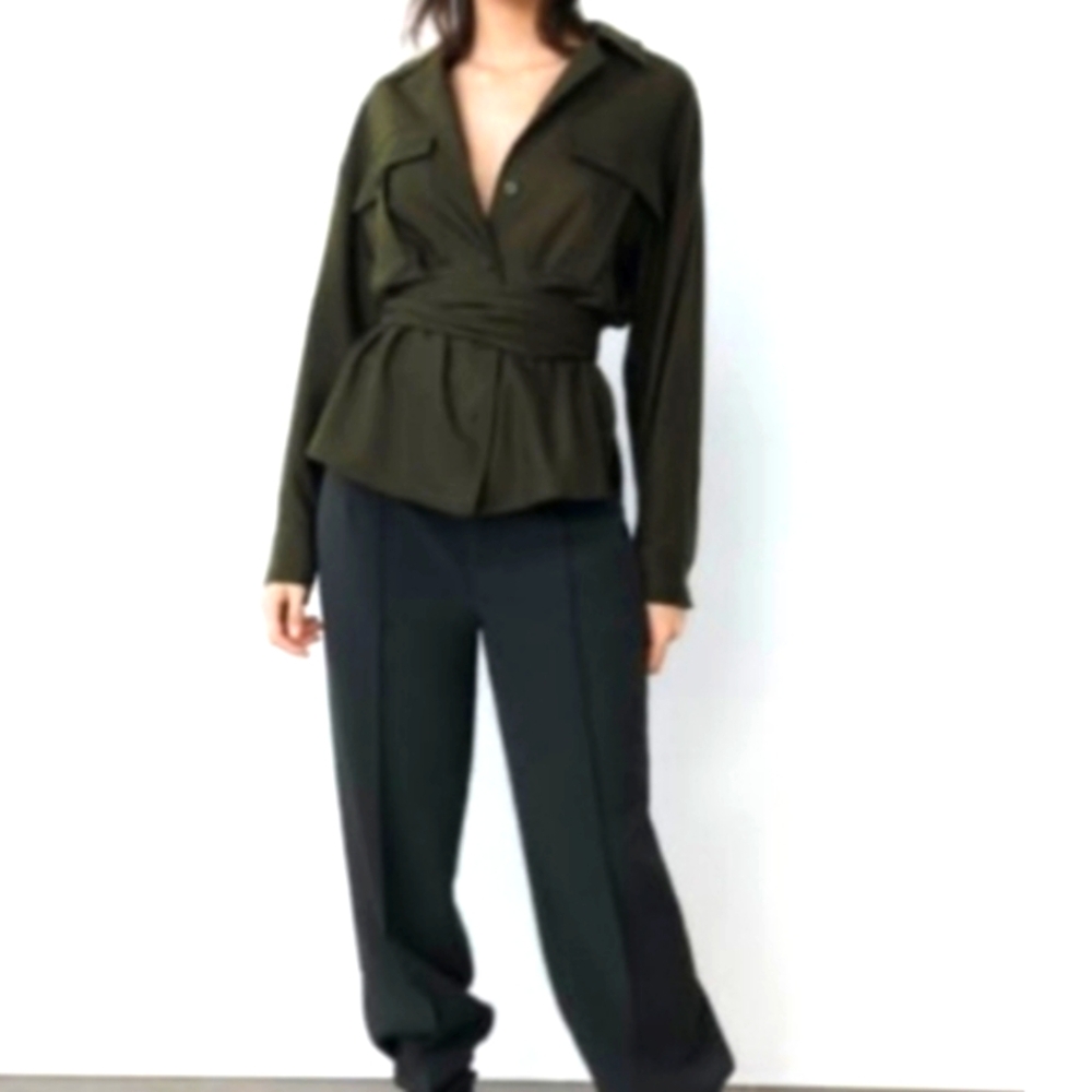 Zara Belted Green Pocket Jacket Size XL - Picture 7 of 12